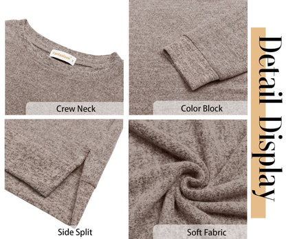 Sweatshirt for Women Long Sleeve Shirts Tunic Tops Color Block Crewneck Sweatshirts Side Split