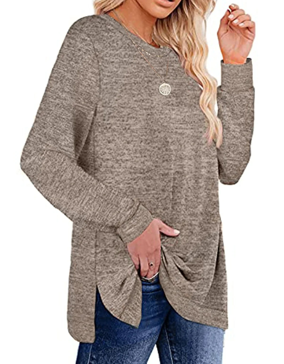 Sweatshirt for Women Long Sleeve Shirts Tunic Tops Color Block Crewneck Sweatshirts Side Split