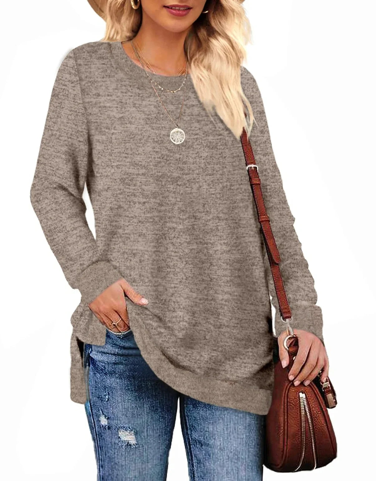 Sweatshirt for Women Long Sleeve Shirts Tunic Tops Color Block Crewneck Sweatshirts Side Split